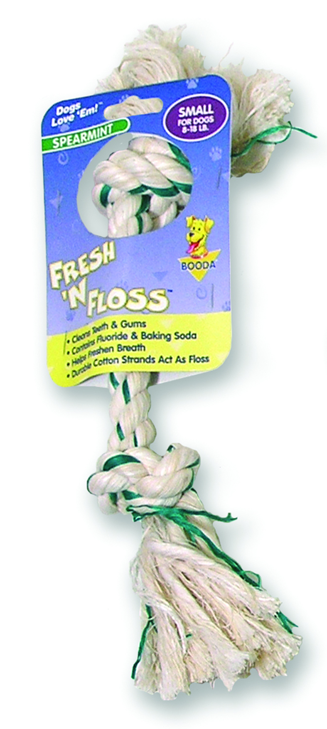 Fresh-N-Floss spearmint booda bone, small rope dog toy